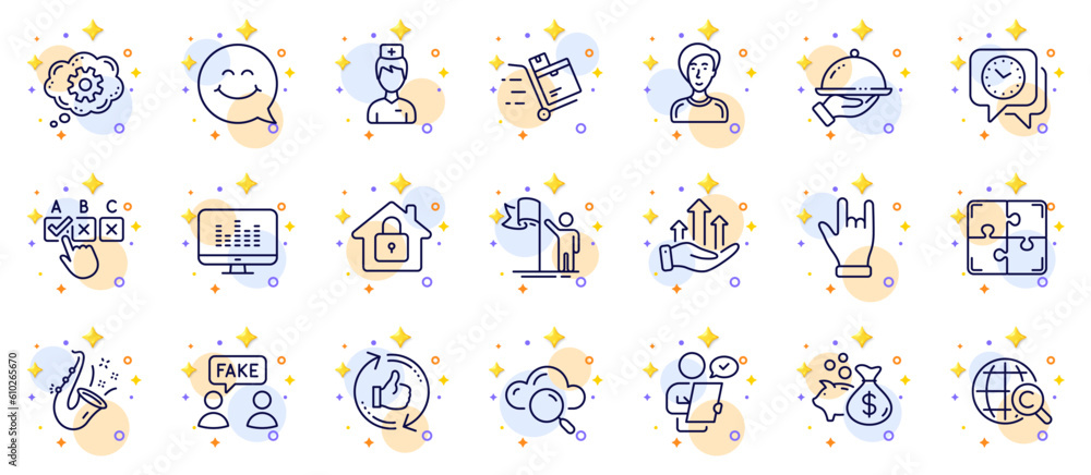 Outline set of Loan, Inventory cart and Horns hand line icons for web app. Include Cloud computing, Refresh like, Lock pictogram icons. Businesswoman person, Fake information, Puzzle signs. Vector Outline set of Loan, Inventory cart and Horns hand line icons for web app. Include Cloud computing, Refresh like, Lock pictogram icons. Businesswoman person, Fake information, Puzzle signs. Vector