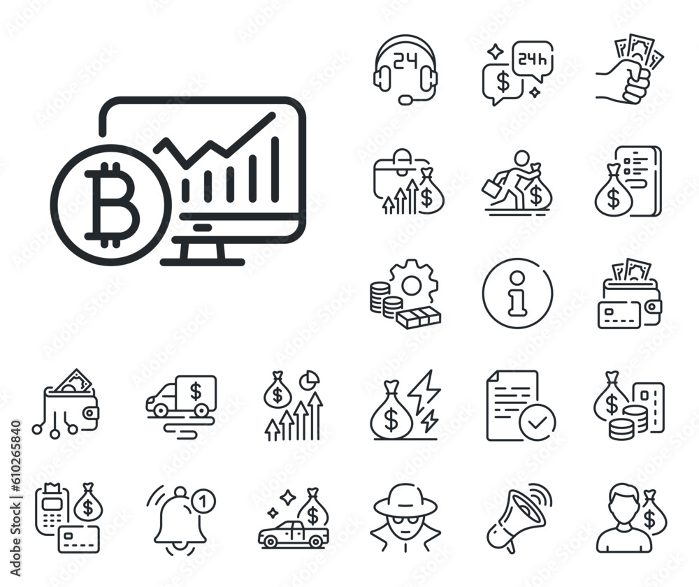Fototapeta premium Cryptocurrency analytics sign. Cash money, loan and mortgage outline icons. Bitcoin graph line icon. Crypto money statistics symbol. Bitcoin chart line sign. Credit card, crypto wallet icon. Vector