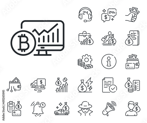 Cryptocurrency analytics sign. Cash money, loan and mortgage outline icons. Bitcoin graph line icon. Crypto money statistics symbol. Bitcoin chart line sign. Credit card, crypto wallet icon. Vector