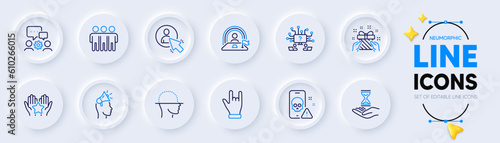 Lgbt, Horns hand and Teamwork question line icons for web app. Pack of Friendship, Ranking, Brand ambassador pictogram icons. Gift, Cyber attack, Engineering team signs. Time hourglass. Vector