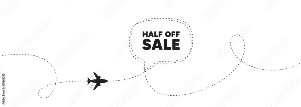 Half off sale. Plane travel path line banner. Special offer price sign. Advertising discounts symbol. Half off sale speech bubble message. Plane location route. Dashed line. Vector Half off sale. Plane travel path line banner. Special offer price sign. Advertising discounts symbol. Half off sale speech bubble message. Plane location route. Dashed line. Vector