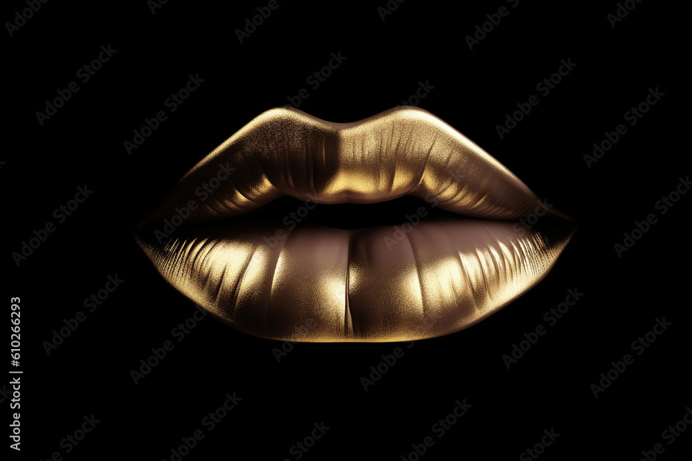 Make-up, beauty and fashion concept. Golden and shiny woman lips isolated on black background. Generative AI Make-up, beauty and fashion concept. Golden and shiny woman lips isolated on black background. Generative AI