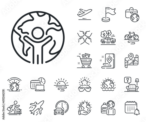 International outsourcing sign. Plane jet, travel map and baggage claim outline icons. Global business line icon. Internet marketing symbol. Global business line sign. Vector