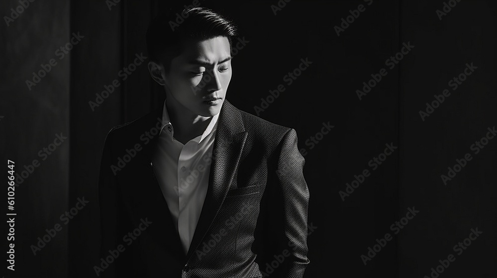 Fototapeta premium An illustration of a fashion portrait of a man combined with abstract art., AI Generated.