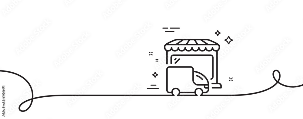 Delivery market line icon. Continuous one line with curl. Store transport sign. Retail marketplace symbol. Delivery truck single outline ribbon. Loop curve pattern. Vector Delivery market line icon. Continuous one line with curl. Store transport sign. Retail marketplace symbol. Delivery truck single outline ribbon. Loop curve pattern. Vector