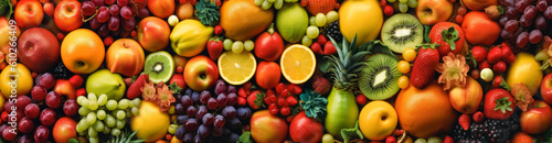 Variety of fruits and vegetables  fruits and veggies  fruit market texture pattern banner. Generative Ai.