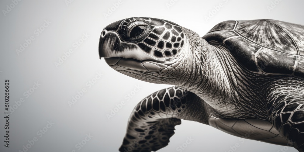Black and white portrait, close-up of a sea turtle, turtle, caretta ...