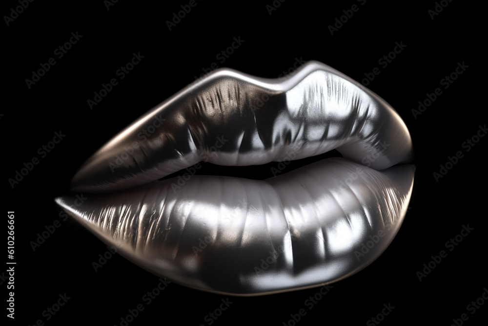Make-up, beauty and fashion concept. Silver and shiny woman lips isolated on black background. Generative AI Make-up, beauty and fashion concept. Silver and shiny woman lips isolated on black background. Generative AI
