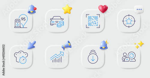 Video conference, Scroll down and Demand curve line icons. Buttons with 3d bell, chat speech, cursor. Pack of Qr code, Cooking timer, Buy car icon. Petrol station, Star target pictogram. Vector