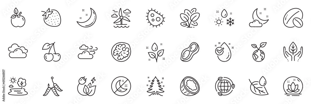 Icons pack as Fair trade, Soy nut and Bacteria line icons for app include Water drop, Eco food, Moon stars outline thin icon web set. Cherry, Windy weather, Eco energy pictogram. Lake. Vector Icons pack as Fair trade, Soy nut and Bacteria line icons for app include Water drop, Eco food, Moon stars outline thin icon web set. Cherry, Windy weather, Eco energy pictogram. Lake. Vector