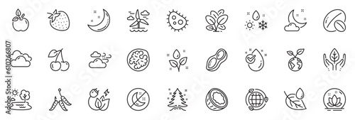 Icons pack as Fair trade, Soy nut and Bacteria line icons for app include Water drop, Eco food, Moon stars outline thin icon web set. Cherry, Windy weather, Eco energy pictogram. Lake. Vector