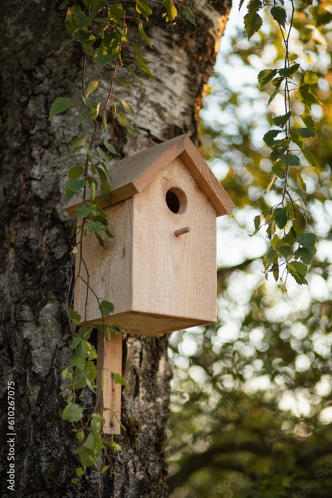 Photo of a wooden birdhouse on a tree. Photo of a wooden birdhouse on a tree.