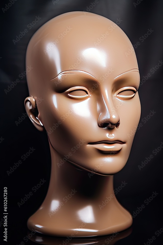 Mannequin head of a female model in sepia tone, with shiny and captivating eyes. Generative AI