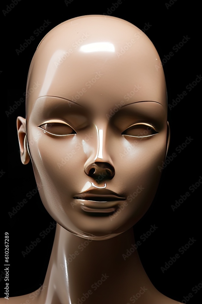 Mannequin head of a female model in sepia tone, with shiny and captivating eyes. Generative AI Mannequin head of a female model in sepia tone, with shiny and captivating eyes. Generative AI