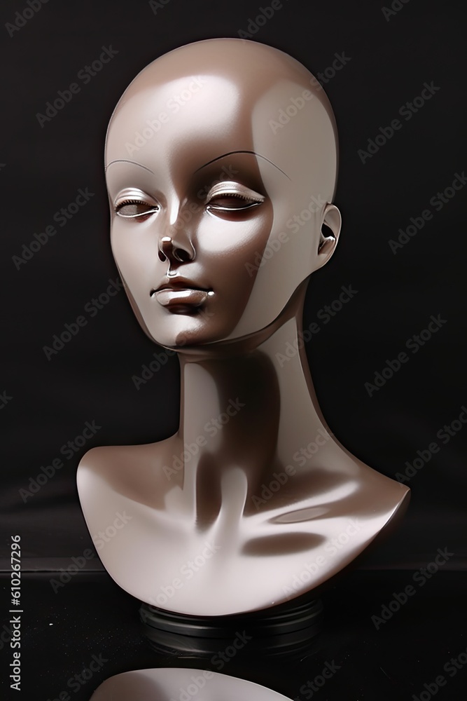 Mannequin head of a female model in sepia tone, with shiny and captivating eyes. Generative AI Mannequin head of a female model in sepia tone, with shiny and captivating eyes. Generative AI