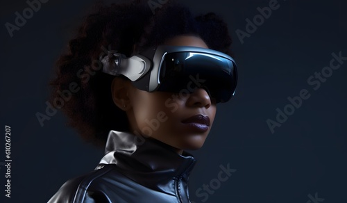 Modern black woman with afro hair and glitter clothes in futuristic vr mask and in futuristic clothing. Generative AI © ckybe
