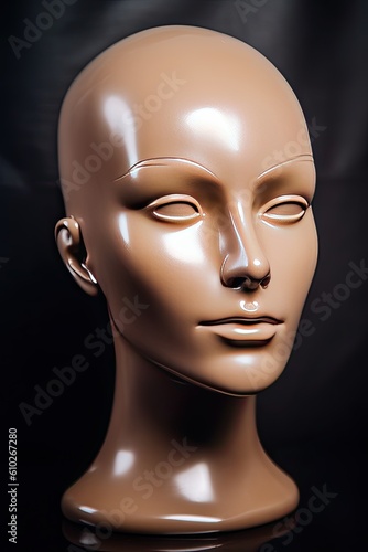 Mannequin head of a female model in sepia tone, with shiny and captivating eyes. Generative AI