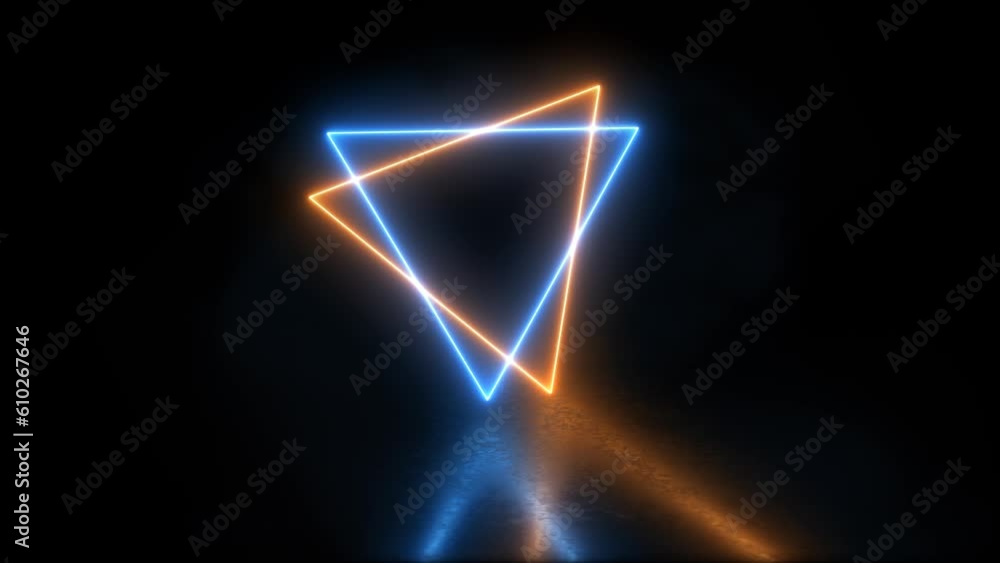 Bright mystical neon triangulars orange blue floor in the dark with smoke flying 4K video. Bright mystical neon triangulars orange blue floor in the dark with smoke flying 4K video.