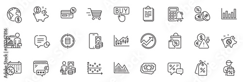Icons pack as Financial diagram, Discount tags and Calculator alarm line icons for app include Cashback, Global business, Wallet outline thin icon web set. Audit, Calculator target. Vector