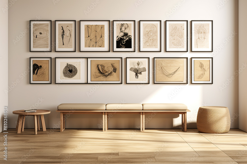 Fototapeta premium A wooden bench with an art wall behind on a living room area. Home decoration concept.