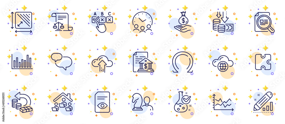 Outline set of Bank document, Cloud computing and View document line icons for web app. Include Deflation, Check article, Work home pictogram icons. Correct checkbox, Edit statistics. Vector Outline set of Bank document, Cloud computing and View document line icons for web app. Include Deflation, Check article, Work home pictogram icons. Correct checkbox, Edit statistics. Vector