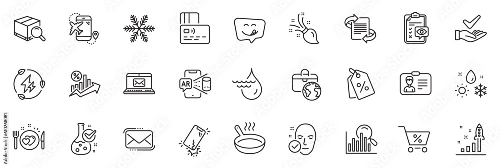 Icons pack as Development plan, E-mail and Frying pan line icons for app include Dermatologically tested, Messenger mail, Eye checklist outline thin icon web set. Snowflake. Vector