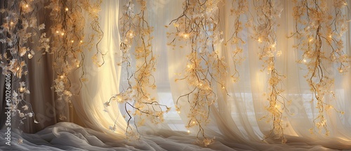 Ethereal tendrils of light in pale gold and champagne, illuminating the scene with a touch of glamour. Feminine- oriented illustration, wallpaper texture, backgrounds graphics. Generative AI composite