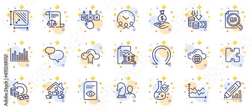 Outline set of Bank document, Cloud computing and View document line icons for web app. Include Deflation, Check article, Work home pictogram icons. Correct checkbox, Edit statistics. Vector