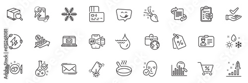 Icons pack as Development plan, E-mail and Frying pan line icons for app include Dermatologically tested, Messenger mail, Eye checklist outline thin icon web set. Snowflake. Vector