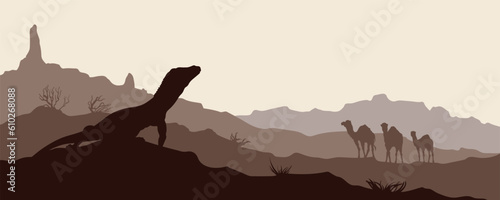 Desert wildlife silhouette. Asian dune landscape. Monitor lizard and camels scene. Panorama with sand and mountains. Outdoor african background