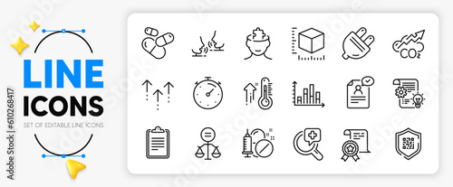 Medical analyzes, Resume document and Certificate line icons set for app include Co2, Mental conundrum, High thermometer outline thin icon. Timer, Clipboard, Package size pictogram icon. Vector