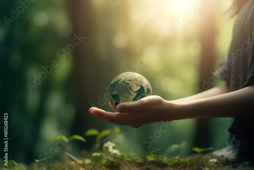 Globe in hands green plants eco concept earth day and enviroment day. Ai generated photo