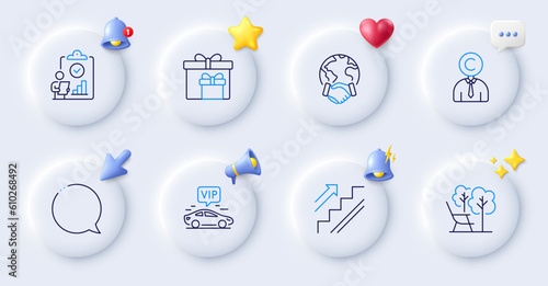 Global business, Stairs and Copyrighter line icons. Buttons with 3d bell, chat speech, cursor. Pack of Delivery boxes, Speech bubble, Deckchair icon. Inspect, Vip transfer pictogram. Vector