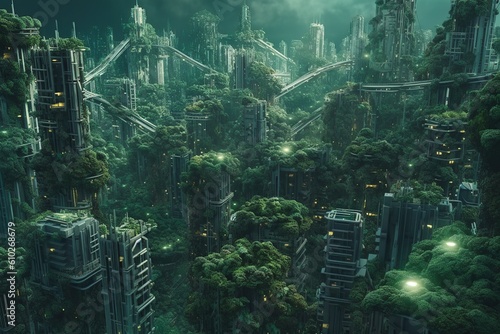 the city of the future is covered with vegetation. Spectacular eco-futuristic cityscape ESG concept full with greenery  Green garden in modern city. . generative ai 