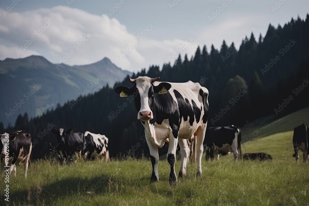 black and white cows on a pasture in the mountains. eco products. cow farm. generative ai,