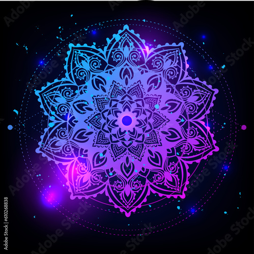 Mandala space. Psychedelic pattern. Vector illustration. Zen Boho art. Decorative mystical, hippie, hallucination psilocybin 60s 70s
