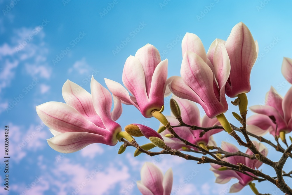 Fototapeta premium magnolia bloom on the background of the sky in the rays of the sun. the beauty of nature. spring flowers. generative ai,
