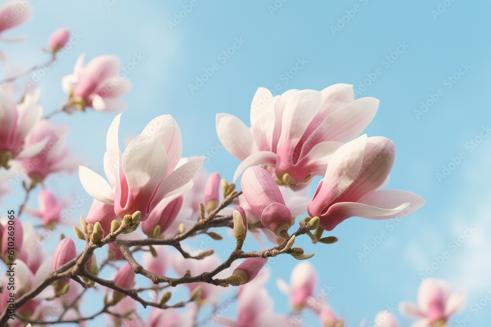 Obraz premium magnolia bloom on the background of the sky in the rays of the sun. the beauty of nature. spring flowers. generative ai,