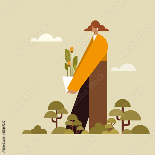 Conceptual illustration of a woman holding a potted plant and standing in a jungle