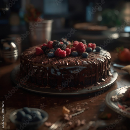 Chocolate cake with berries. Holiday  birthday  party. AI generative.