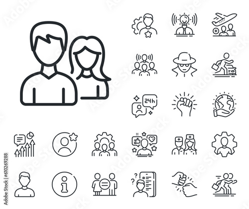 Users or Teamwork sign. Specialist, doctor and job competition outline icons. Group line icon. Male and Female Person silhouette symbol. Teamwork line sign. Vector