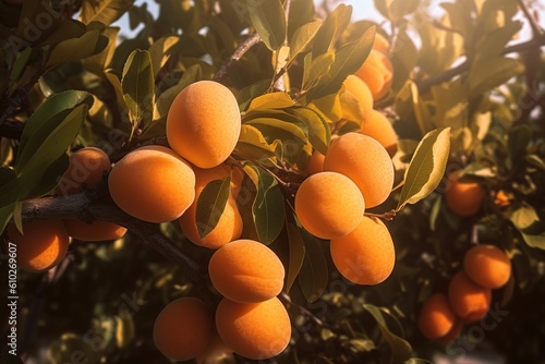 many apricot fruits on a tree in the garden on a bright summer day. Organic fruits. Healthy food. Ripe apricots. generative ai 