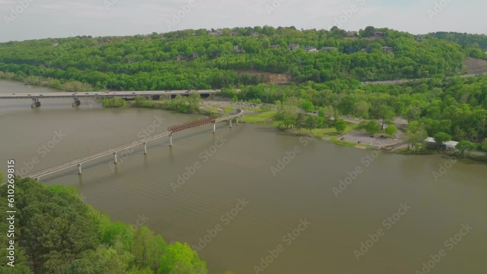 Two Rivers Park Bridge And Interstate 430 Spanning Arkansas River In The USA. aerial Two Rivers Park Bridge And Interstate 430 Spanning Arkansas River In The USA. aerial