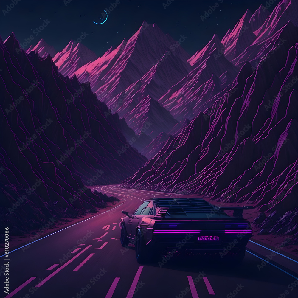 Mountains with a car on the road purple lighting crescent moon night vaporwave, synthwave Generative AI