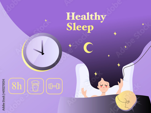 Flat vector woman peaceful sleeping in bed healthy sleep banner good sleep, insomnia