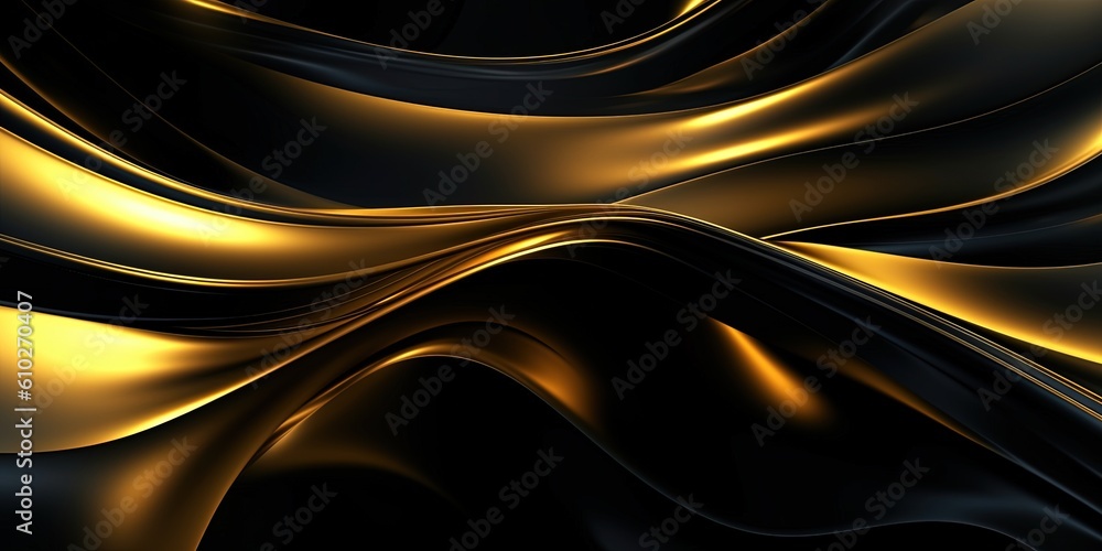 Abstract black and gold shiny wallpaper. Dark wavy texture with golden