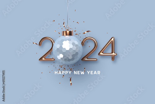 2024 New Year greeting card. 3d metallic golden or copper with blue numbers and glossy ball on blue background. Gold realistic 2024. Vector illustration.