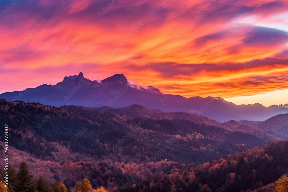 Breathtaking sunrise over a majestic mountain. Beautiful illustration picture. Generative AI