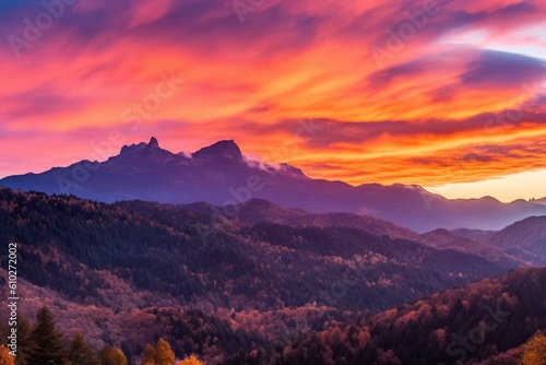 Breathtaking sunrise over a majestic mountain. Beautiful illustration picture. Generative AI