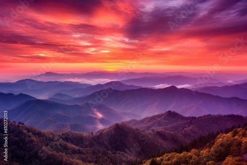 Breathtaking sunrise over a majestic mountain. Beautiful illustration picture. Generative AI © standret